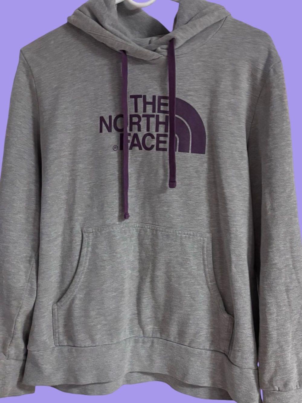 The North Face Gray Hoodie with Purple Logo & Drawstrings